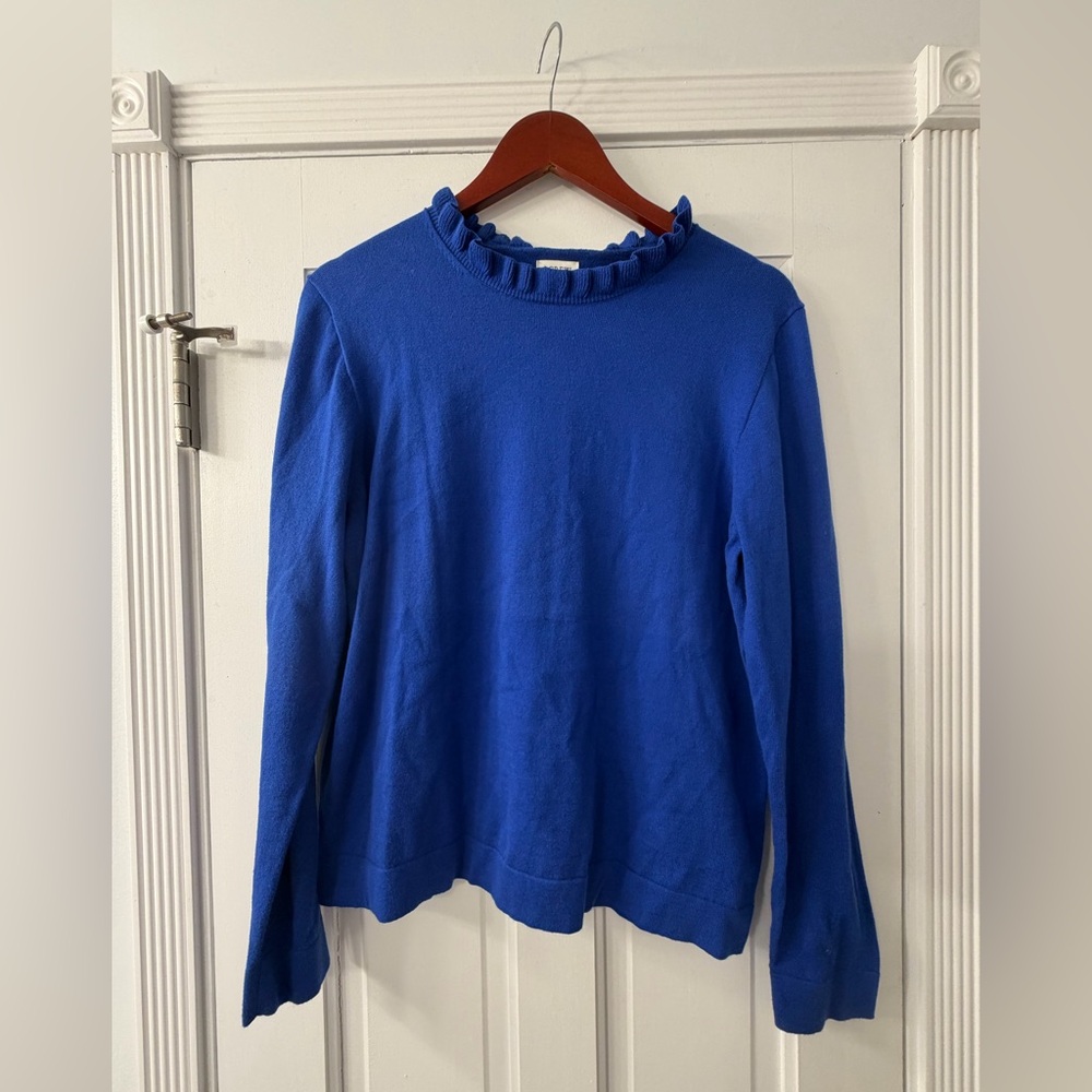 J. Crew Royal Blue Ruffle Neck Long Sleeve Top